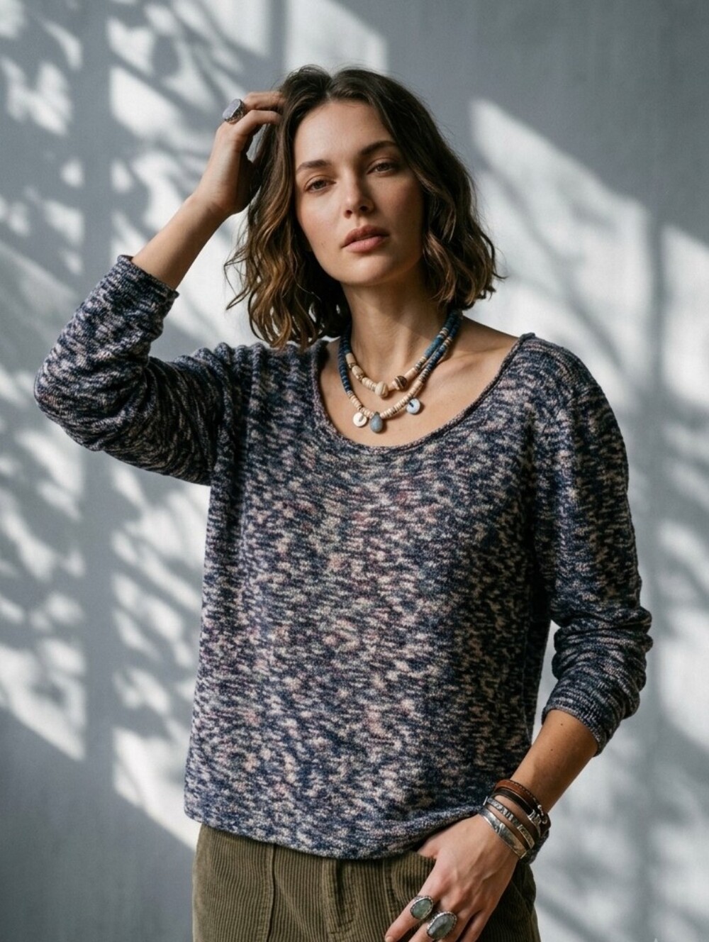 Madewell Multicolored Knit Top Sweater Marled Pink Gray Scoop Neck XL Cabincore